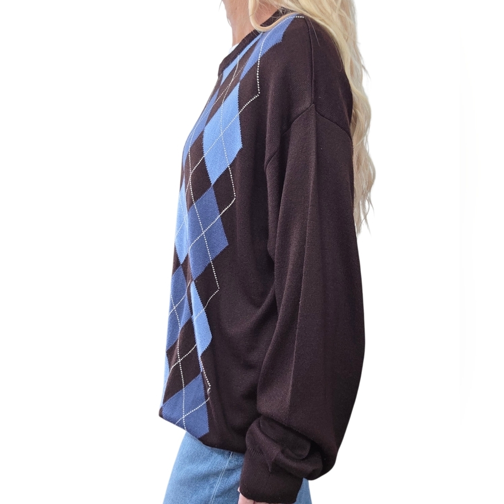 Vintage Italian Wool Blend Argyle Sweater Oversized Brown Blue Preppy - Picture 4 of 8